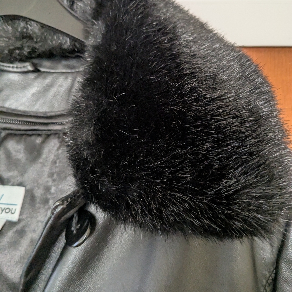 Vintage 90s grunge black leather fur collar full length trench coat button down - Picture 11 of 11